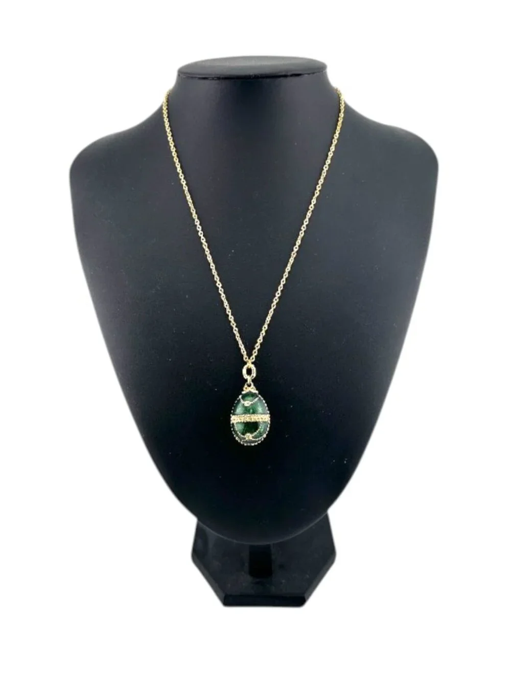 Faberge Egg Necklace Emerald Green Pendant Gold Tone Stainless Steel 18